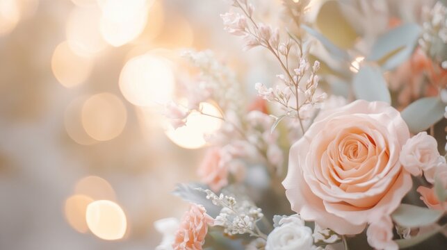 Elegant floral wedding invitation design with soft muted tones and bokeh lights