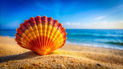 Close-up of a Vibrant Tropical Scallop Shell on a Sandy Beach with Copy Space