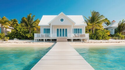 Fototapeta premium Opulent beachfront property with private dock and yacht, tropical luxury lifestyle