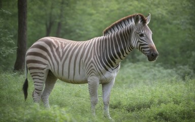 A beautiful zebra grazing peacefully in the serene forest environment