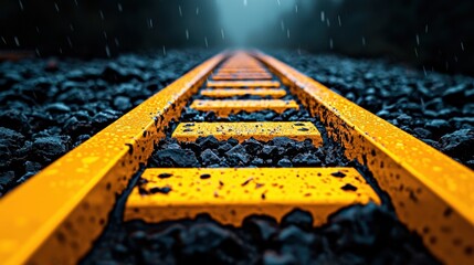 Obraz premium A close-up of an excavator yellow metal tracks, coated in mud, representing hard work and heavy industry