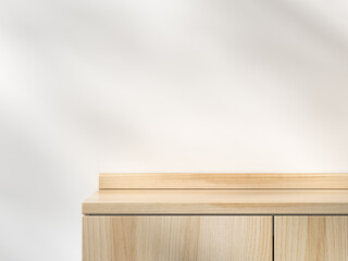 Empty wooden counter, focus on top table with Soft Sunlight on a wall Background. Space for product presentation display. 3D illustration