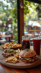 Delicious Burger and Fries Meal with Refreshing Drink on Wooden Board in Restaurant Setting