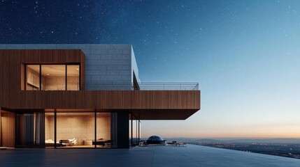 Fototapeta premium Modern mansion with rooftop observatory and stargazing deck, celestial luxury