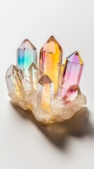 Mystical celestial moon aura. A cluster of vibrant, multifaceted crystals with a sparkling golden base, showcasing a spectrum of colors and sharp points, ideal for decoration or healing.