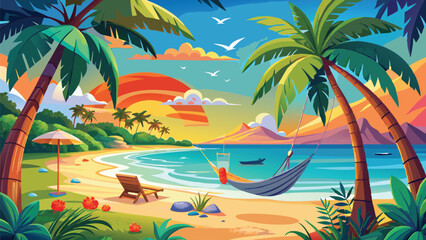 tropical beach with palm trees and sun