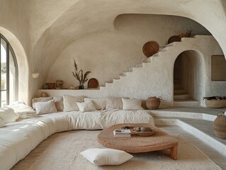 Serene Living Room Interior with Rustic Woven Accents and Natural Light in a Minimalist Home Design