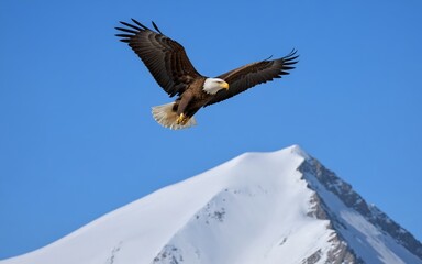 Obraz premium An eagle soaring high above a mountain peak, capturing the essence of freedom