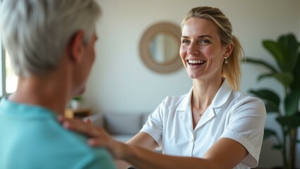 Fototapeta premium Woman is smiling while she is getting her hair done