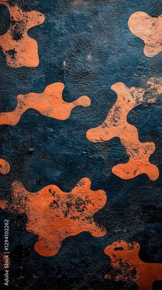 Poster abstract orange camouflage pattern on dark blue textured background creating a modern artistic desig