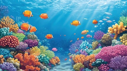 Naklejka premium Vibrant Coral Reef Underwater Paradise: A Colorful Ocean Scene