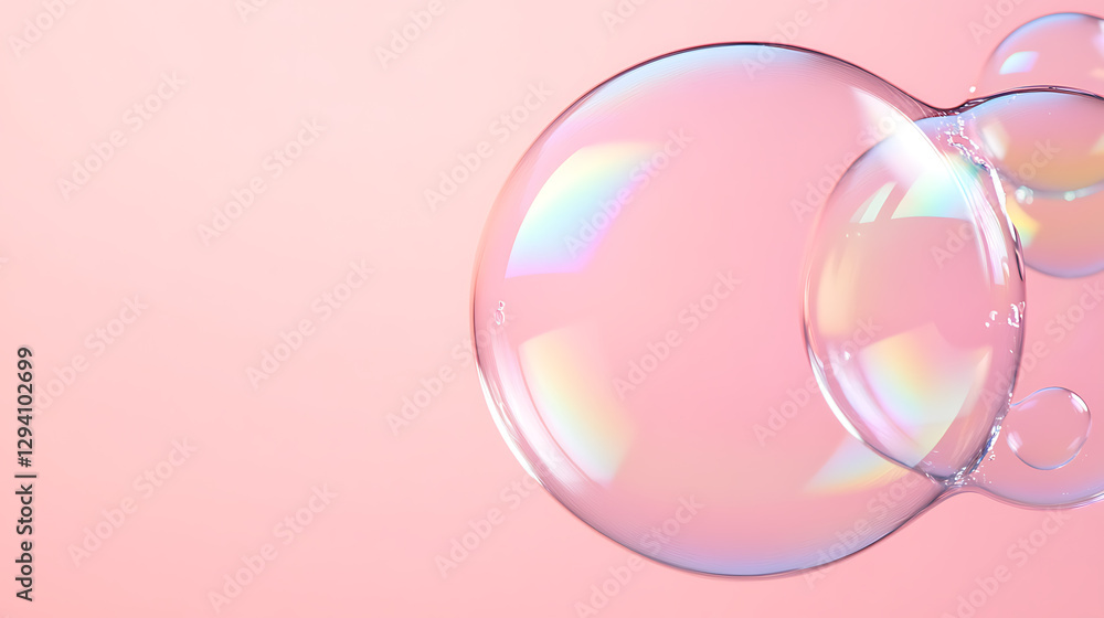 Poster floating iridescent bubbles cluster against a soft pink backdrop, creating a mesmerizing dance of li