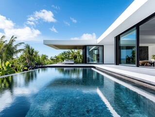 Fototapeta premium Luxury villa with floating pavilion over a koi pond, zeninspired elegance