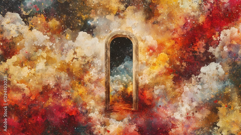 Poster vibrant cosmic portal surrounded by colorful clouds and stars inviting exploration into the unknown 