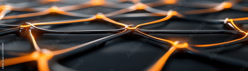 Poster a close-up view of a network of interconnected lines with glowing orange highlights against a dark b