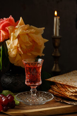 Passover celebration with wine and matzah. Pesach background