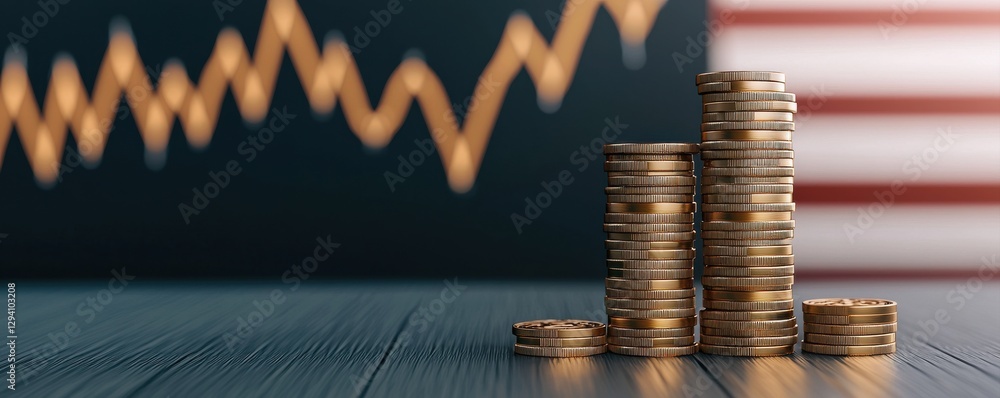 Aufkleber a stack of coins is displayed in front of a fluctuating graph, symbolizing financial growth and mark