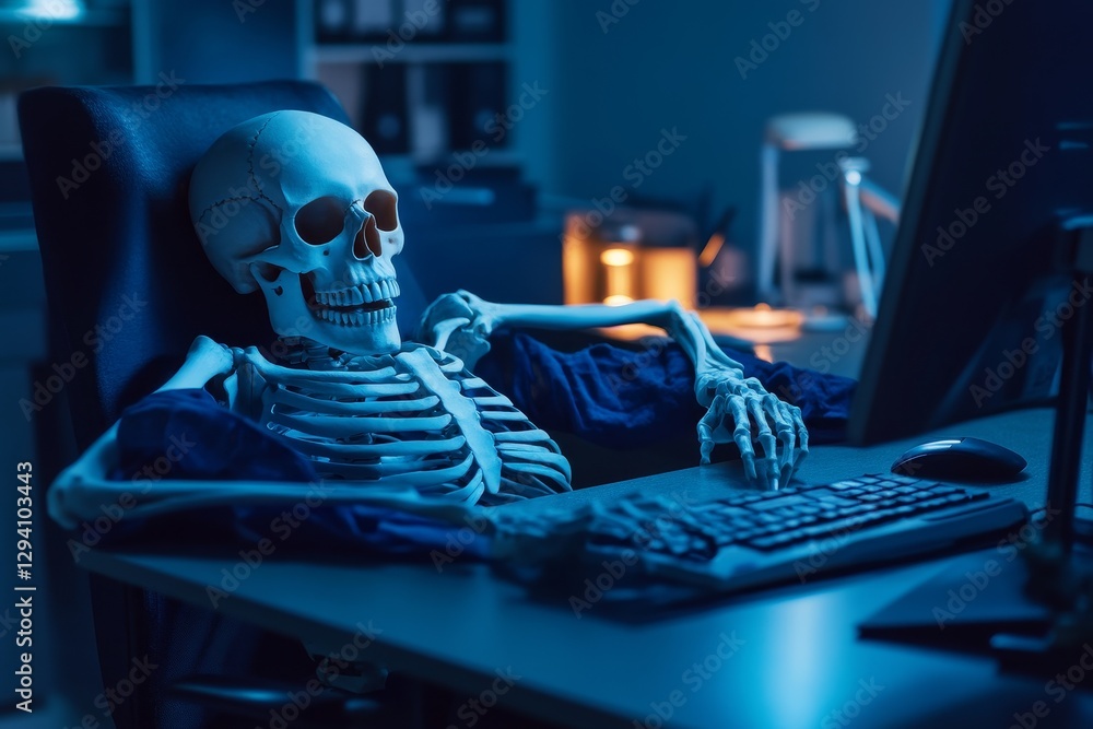 Poster skeleton chills at desk using computer late