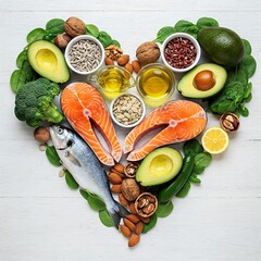 Heart shape of ketogenic low carbs diet concept. Ingredients for healthy foods selection on white wooden background. Balanced healthy ingredients of unsaturated fats for the heart and blood vessels