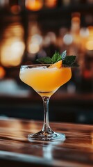 Refreshing orange cocktail with mint garnish on a wooden bar top in a warm lit bar creating a vibrant and inviting atmosphere