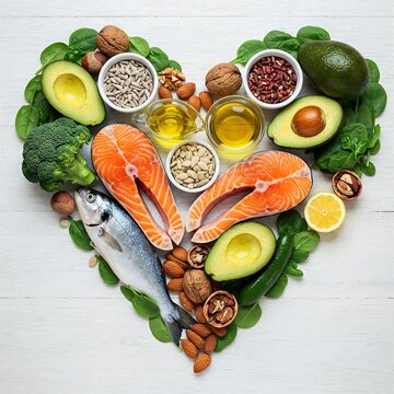 Heart shape of ketogenic low carbs diet concept. Ingredients for healthy foods selection on white wooden background. Balanced healthy ingredients of unsaturated fats for the heart and blood vessels