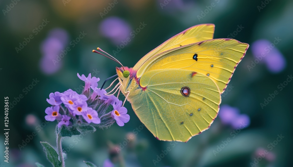 Poster close-up macro of a yellow butterfly on a wild meadow flower in spring and summer: beautiful nature 