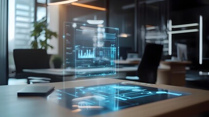 A futuristic office desk featuring a holographic interface displaying data, analytics, digital information and transformation. representing futuristic technology, holographic computing, smart offices