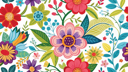 Seamless floral pattern with colorful flowers and leaves. Vector illustration.