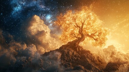 Majestic glowing tree on rocky mountain under cosmic sky filled with stars and colorful clouds during sunset