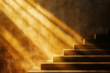 A serene image of illuminated stairs, bathed in warm golden light, creating a tranquil and inviting atmosphere.