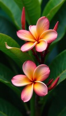 Naklejka premium Close-up of vibrant frangipani blossoms and lush green leaves , plumeria, texture, beauty