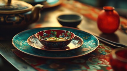 Oriental Food Served on Colorful Plates