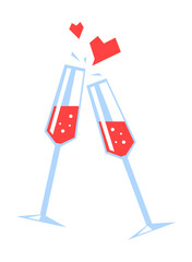 Champagne Glasses Clinking With Floating Hearts In Flat Vector Illustration Symbolizing Celebration, Love, And Special Occasions, Isolated On White Background.