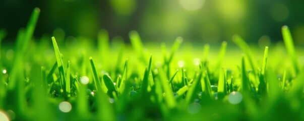 Close-up water droplets on blades of grass from sprinkler, summer, texture, dew