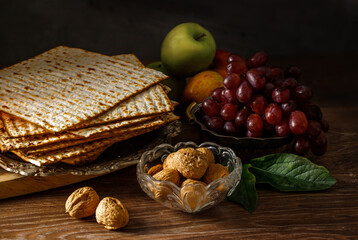Passover celebration with wine and matzah. Pesach background