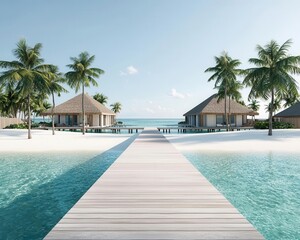 Fototapeta premium Private lagoon estate with water villas and palm groves, secluded elegance