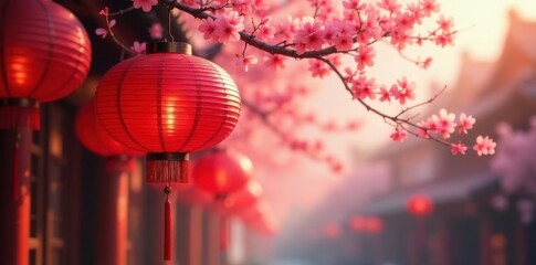 Obraz premium Crimson lanterns hang amidst vibrant cherry blossoms, soft light filtering through silk , beauty, close-up, design