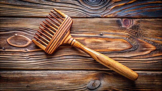 Closeup Panoramic of Wooden Back Scratcher on Rustic Wood Background - Perfect for Itchy Back Relief