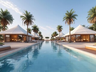Fototapeta premium Desert oasis estate with luxury tents and palmlined pools, exotic retreat
