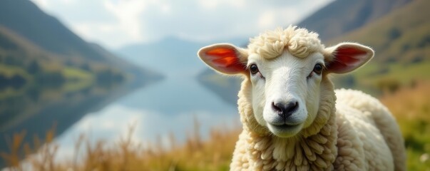 Obraz premium Curious sheep gaze intently at viewer, Lake District's scenic backdrop , farm, looking