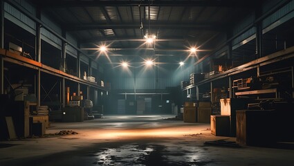 Obraz premium Flickering industrial lights in a dimly lit warehouse, unstable electricity, energy inconsistency, warehouse malfunction
