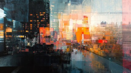 Abstract cityscape: fractured buildings and colorful atmosphere.