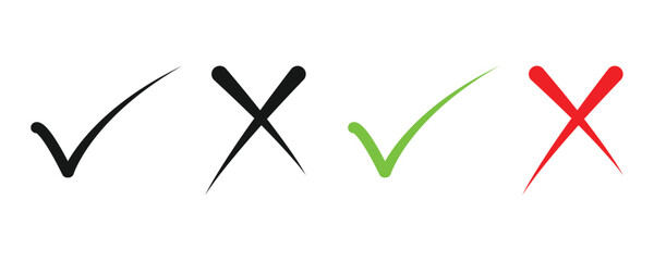 Green tick and red cross mark icons set, right and wrong sign icon silhouette, hand drawn tick and cross marks icon vector set isolated on white background.