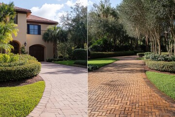 Obraz premium A charming brick driveway seamlessly integrates with lush garden spaces, reflecting elegance and harmony between human architecture and the beauty of nature.