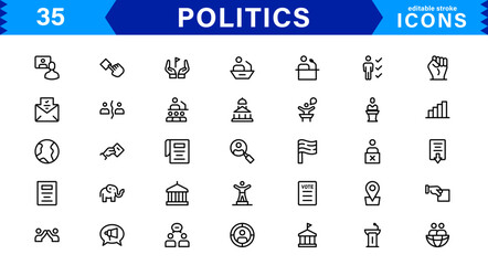 Minimalist Politics Icon Pack. Flat, Line, and Outline Icons for Elections, Governance, and Public Policy