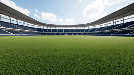 detailed 3D blueprint of sports stadium showcasing vibrant green field, modern seating, and bright sky. design emphasizes spaciousness and functionality
