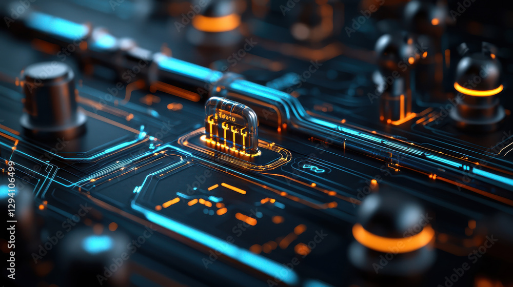 Poster detailed view of futuristic circuit board with glowing elements, showcasing advanced technology and 