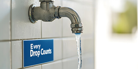 A metal faucet spouts water in a tiled room, emphasizing conservation with a sign stating "Every Drop Counts," highlighting the importance of water preservation.