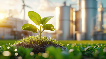 vibrant green plant grows on mound of soil, symbolizing sustainability and growth, with industrial structures and wind turbines in background