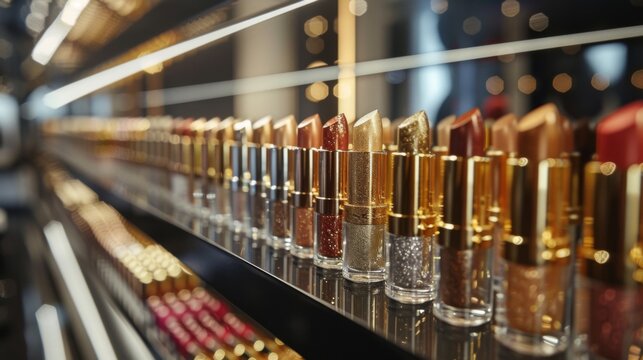 Rows of various lipstick tubes in vibrant colors catch the eye on a sleek shelf inside a beauty store, showcasing a diverse selection for shoppers during peak hours.